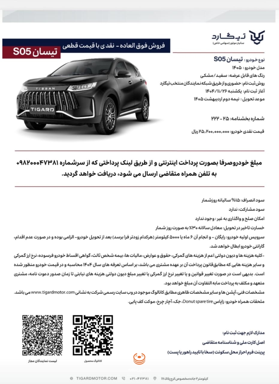 تیسان S05 کراس‌اوور تیگارد موتور با قیمت قطعی ۲.۵۲۰ میلیارد تومان و زمان تحویل اردیبهشت ۱۴۰۵